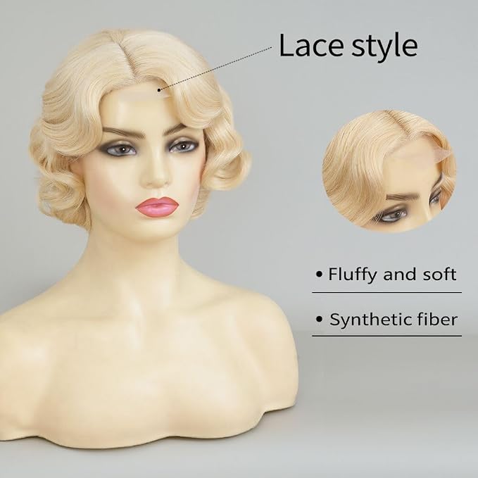Short Blonde Finger Wave Wigs for Women 1920s Wig Wave Vintage Natural Flapper Hair Wig Cosplay Costume Party Wigs