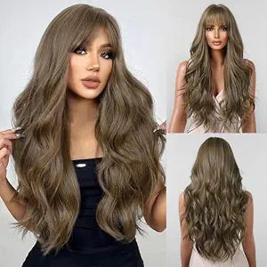 Long Brown Wig with Bangs Wavy Wigs for Women, 26 Inch Synthetic Hair Wig for Daily Party Use