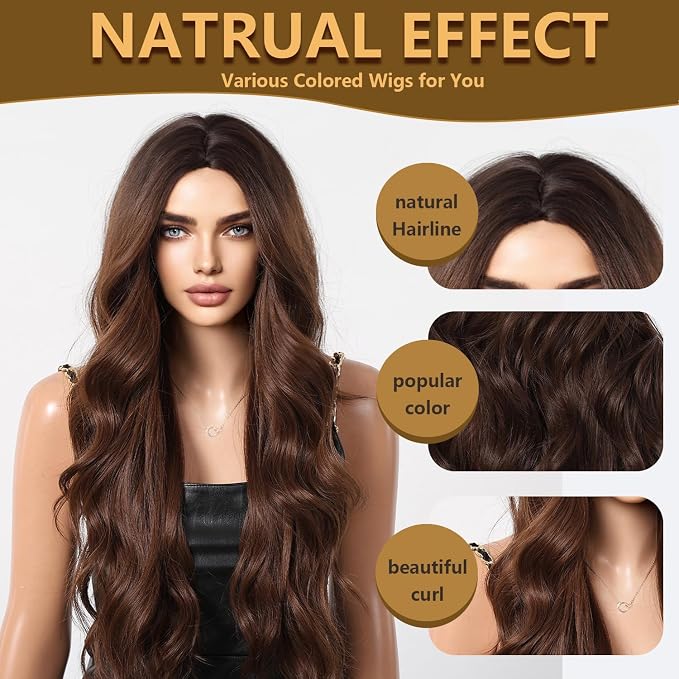Brown Wigs for Women, Natural Long Wavy Chestnut Brown 28 Inch Middle Part Synthetic Heat Resistant Wig for Daily Party Date