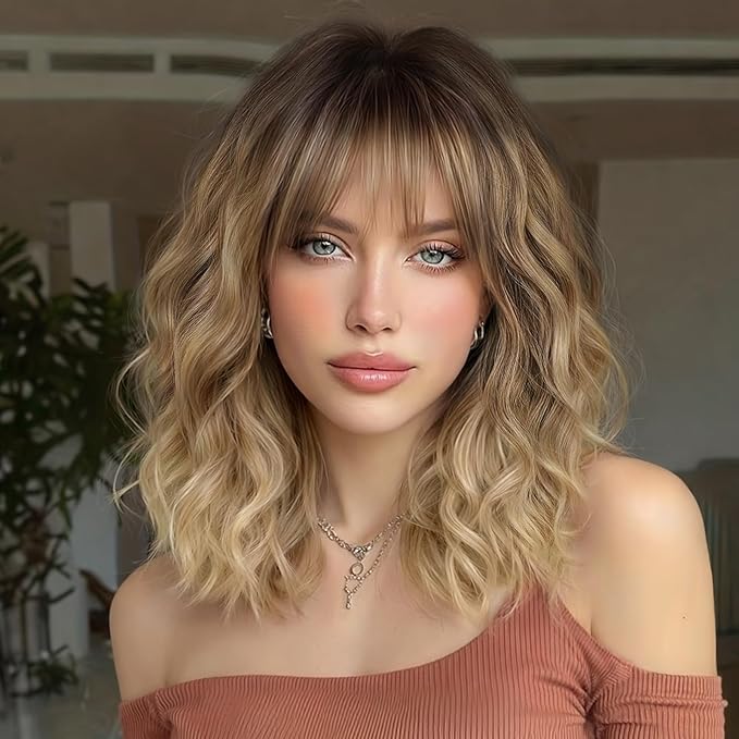 Blonde Wig With Bangs Short Wavy Curly Ombre Wig with Dark Roots Synthetic Heat Resistant Bob Wigs for Women Daily Party Use 14 Inches