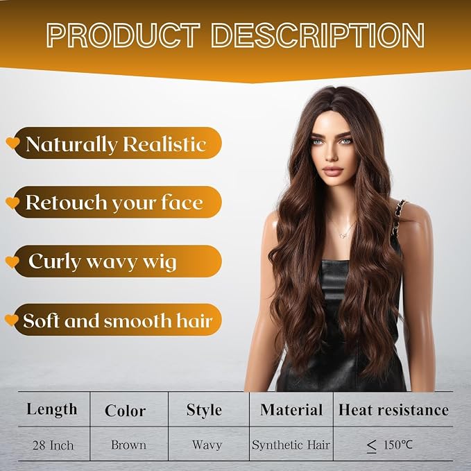 Brown Wigs for Women, Natural Long Wavy Chestnut Brown 28 Inch Middle Part Synthetic Heat Resistant Wig for Daily Party Date