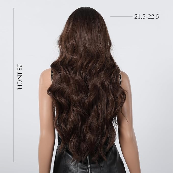 Brown Wigs for Women, Natural Long Wavy Chestnut Brown 28 Inch Middle Part Synthetic Heat Resistant Wig for Daily Party Date