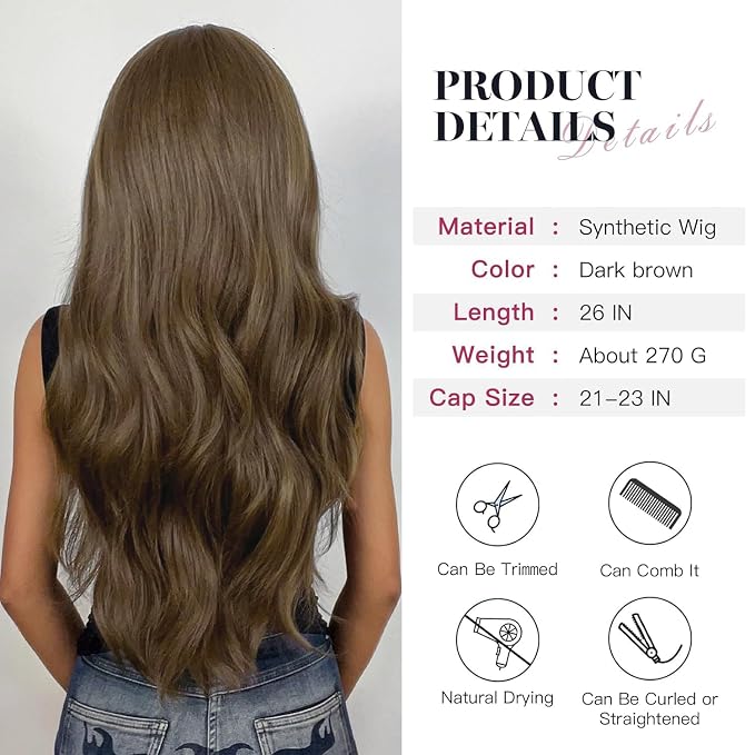Long Brown Wig with Bangs Wavy Wigs for Women, 26 Inch Synthetic Hair Wig for Daily Party Use