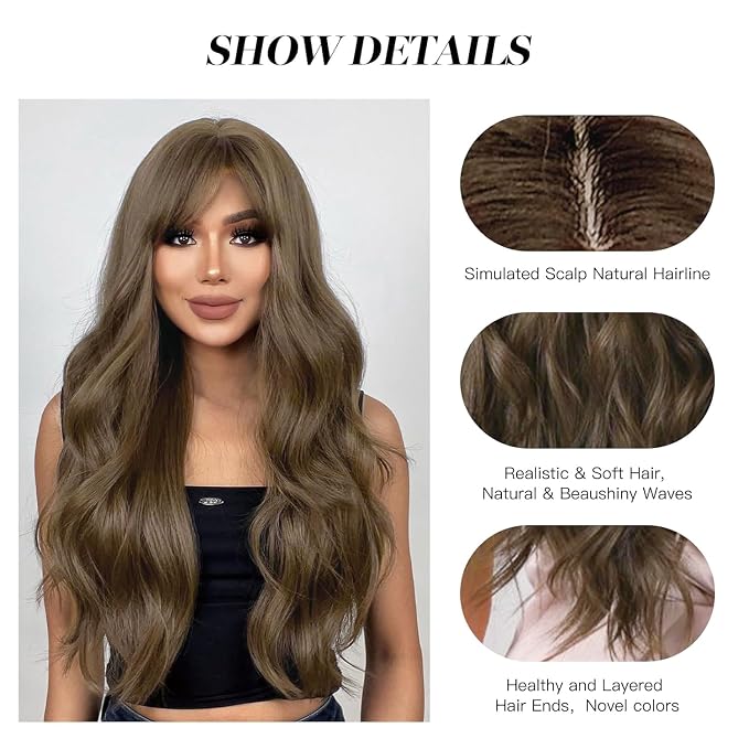 Long Brown Wig with Bangs Wavy Wigs for Women, 26 Inch Synthetic Hair Wig for Daily Party Use