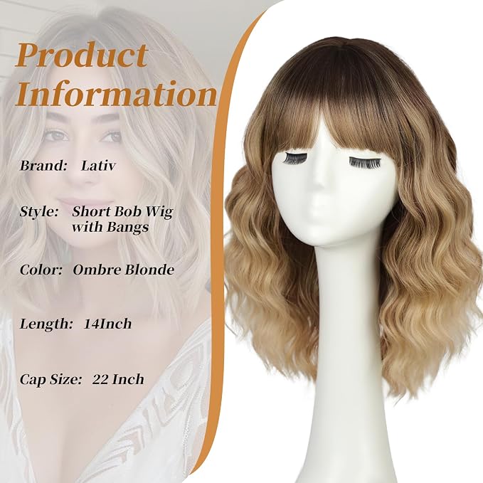 Blonde Wig With Bangs Short Wavy Curly Ombre Wig with Dark Roots Synthetic Heat Resistant Bob Wigs for Women Daily Party Use 14 Inches