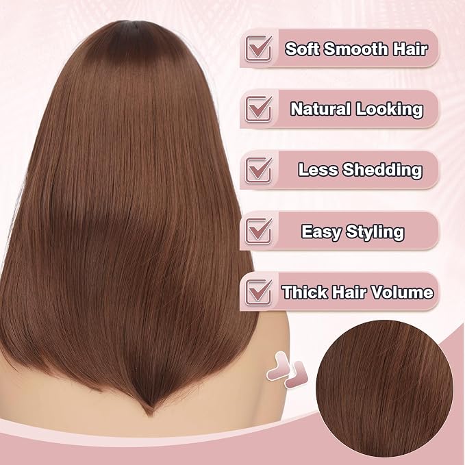 Brown Bob Wigs with Bangs Shoulder Length Straight Natural Looking Synthetic Heat Resistant Medium Hair Wigs for Women Daily Party, 16 Inch Reddish Brown