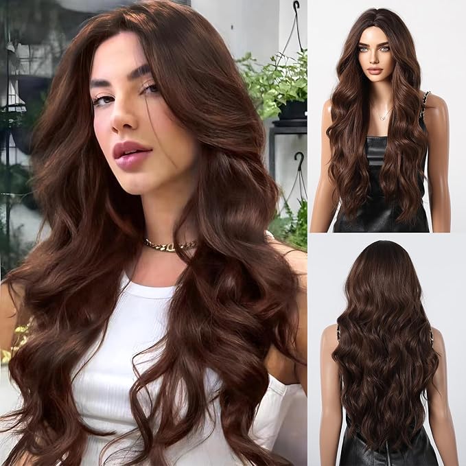Brown Wigs for Women, Natural Long Wavy Chestnut Brown 28 Inch Middle Part Synthetic Heat Resistant Wig for Daily Party Date