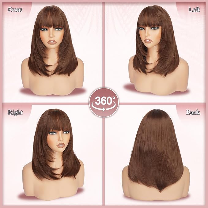 Brown Bob Wigs with Bangs Shoulder Length Straight Natural Looking Synthetic Heat Resistant Medium Hair Wigs for Women Daily Party, 16 Inch Reddish Brown