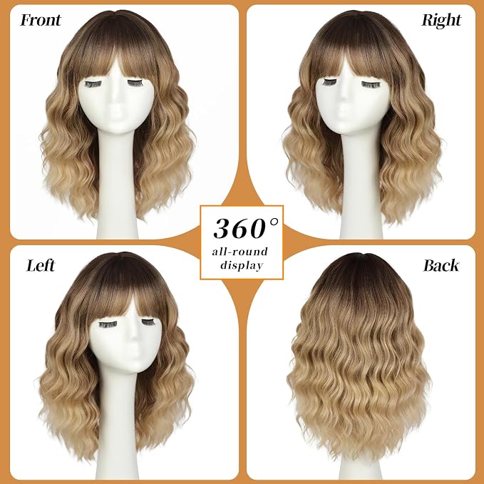 Blonde Wig With Bangs Short Wavy Curly Ombre Wig with Dark Roots Synthetic Heat Resistant Bob Wigs for Women Daily Party Use 14 Inches