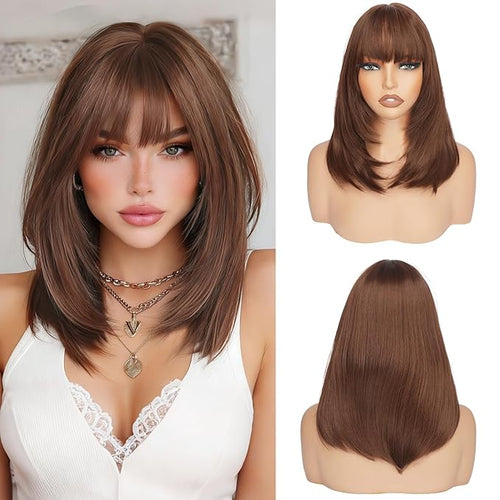 Brown Bob Wigs with Bangs Shoulder Length Straight Natural Looking Synthetic Heat Resistant Medium Hair Wigs for Women Daily Party, 16 Inch Reddish Brown