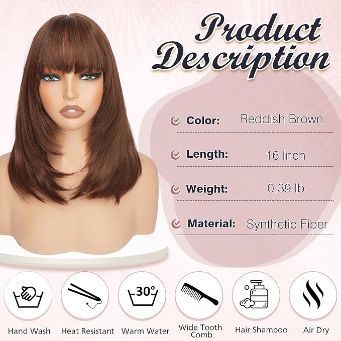 Brown Bob Wigs with Bangs Shoulder Length Straight Natural Looking Synthetic Heat Resistant Medium Hair Wigs for Women Daily Party, 16 Inch Reddish Brown