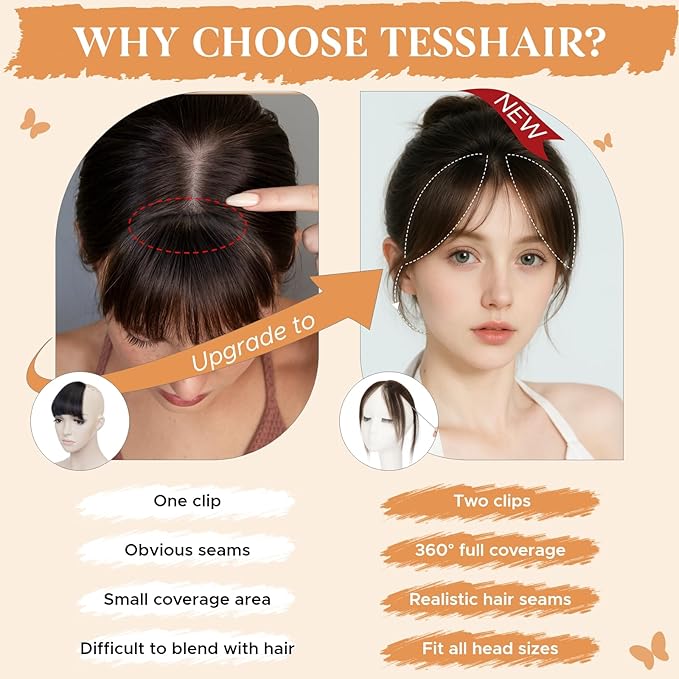 Clip in Bangs Real Human Hair, Human Hair Clip in Bangs, Middle Part HairPieces, No Tangle & Smooth, 11g #02 Dark Brown