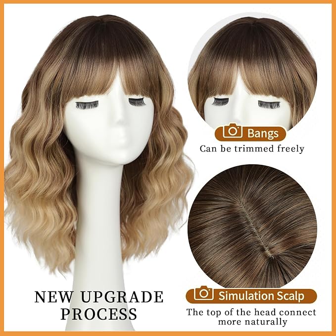 Blonde Wig With Bangs Short Wavy Curly Ombre Wig with Dark Roots Synthetic Heat Resistant Bob Wigs for Women Daily Party Use 14 Inches