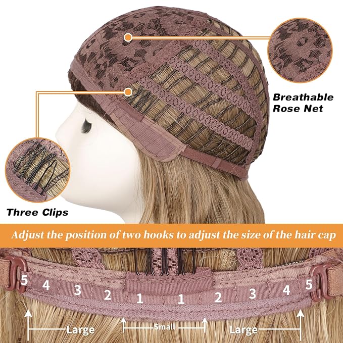 Blonde Wig With Bangs Short Wavy Curly Ombre Wig with Dark Roots Synthetic Heat Resistant Bob Wigs for Women Daily Party Use 14 Inches