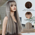 WIGS 26Inch Long Straight Wig with Bangs Grey Brown Wig with Dark Roots Heat Resistant Beige Blonde Highlight Ombre Synthetic Wig Make Natural Looking Wigs for Women Party Cospaly Wig