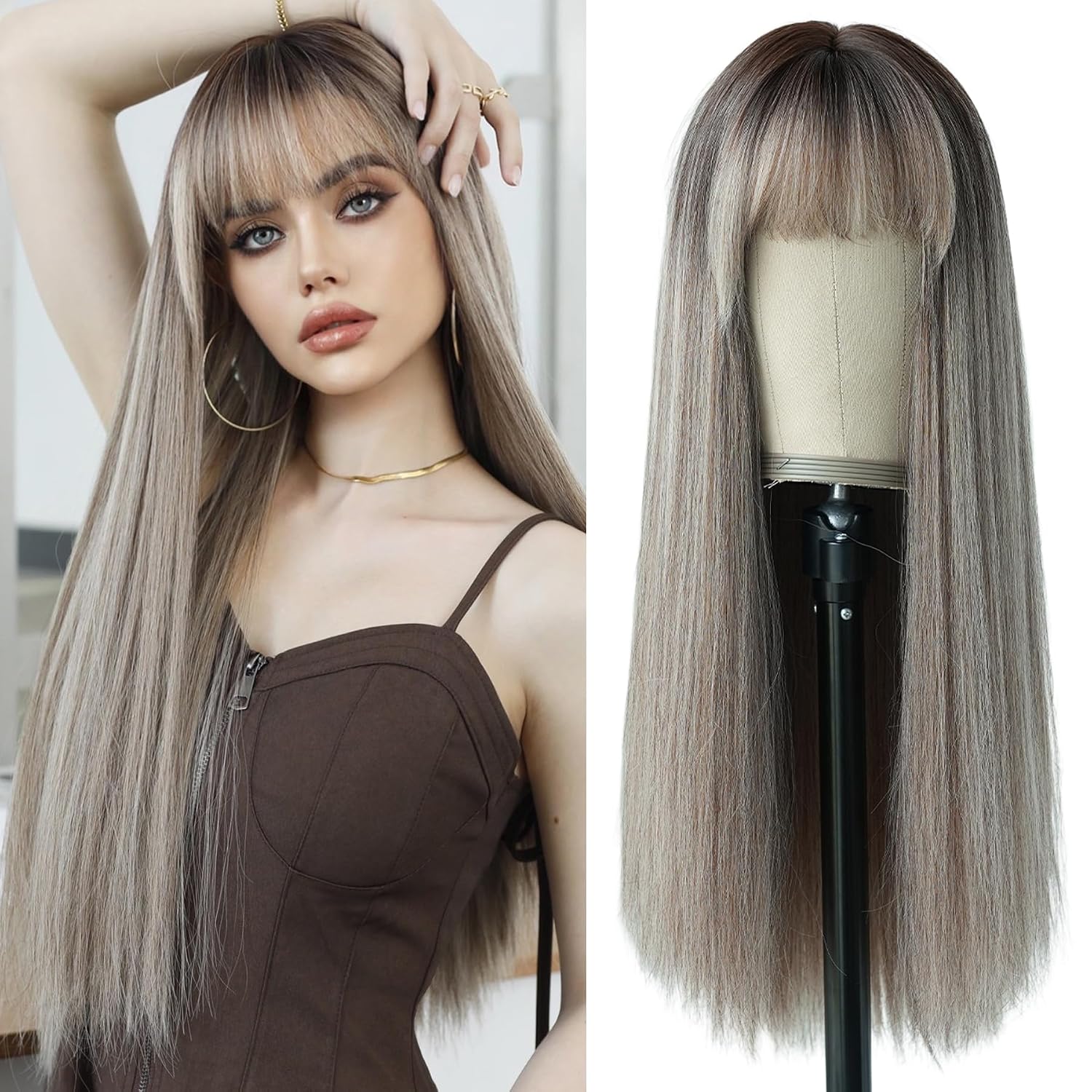 WIGS 26Inch Long Straight Wig with Bangs Grey Brown Wig with Dark Roots Heat Resistant Beige Blonde Highlight Ombre Synthetic Wig Make Natural Looking Wigs for Women Party Cospaly Wig